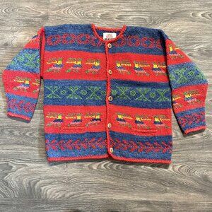 Amano Medium Hand Knit Wool Cardigan Sweater Llama Pattern Bolivia Vintage 90s